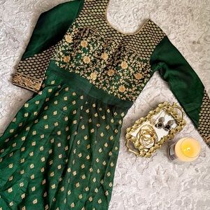 Timeless Emerald Green Katan Tissue Lehenga Gown